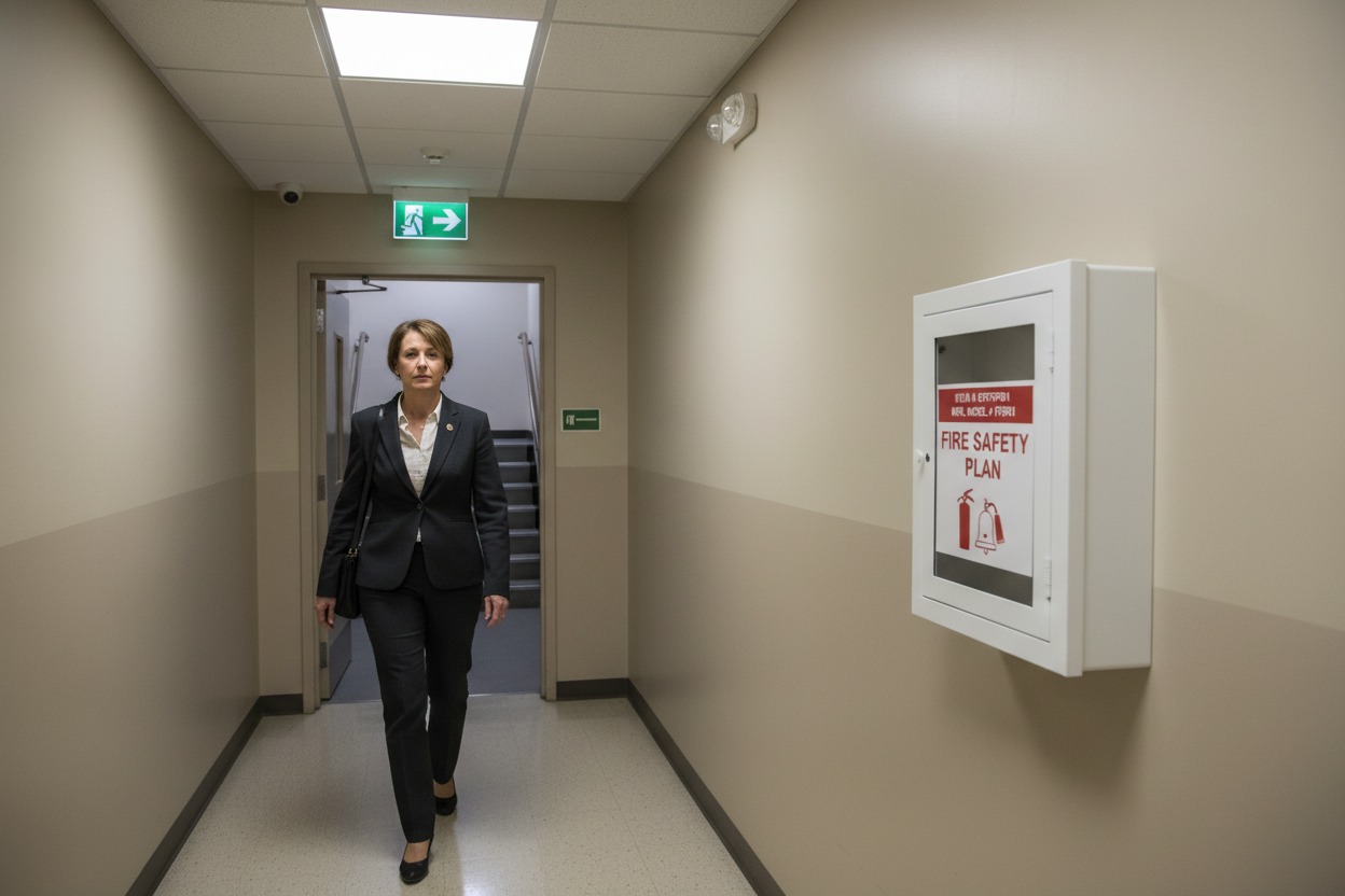 A woman in a dark suit walks down an office hallway, with a fire safety plan box mounted on the wall to her right.