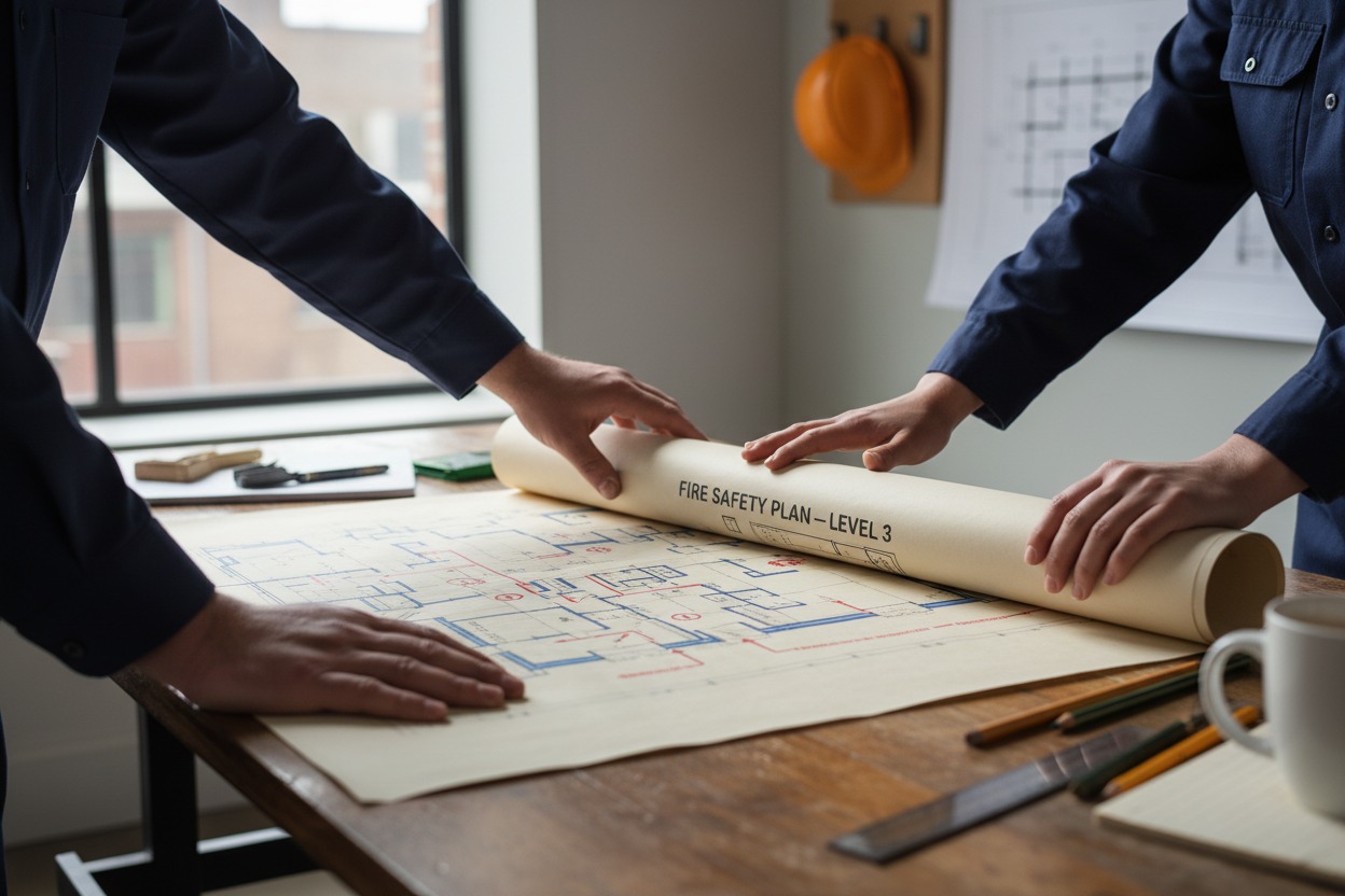 Two professionals in blue shirts unroll a level 3 fire safety blueprint on a wooden table.